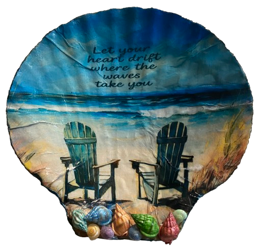 LARGE SCALLOP SEASHELL Aqua Teal LET YOUR HEART DRIFT WHERE THE WAVES TAKE YOU- BEACH COASTAL DECOR Wall Art Handmade Hand Painted DECOUPAGED Repurposed Upcycled Gift - JAMsCraftCloset
