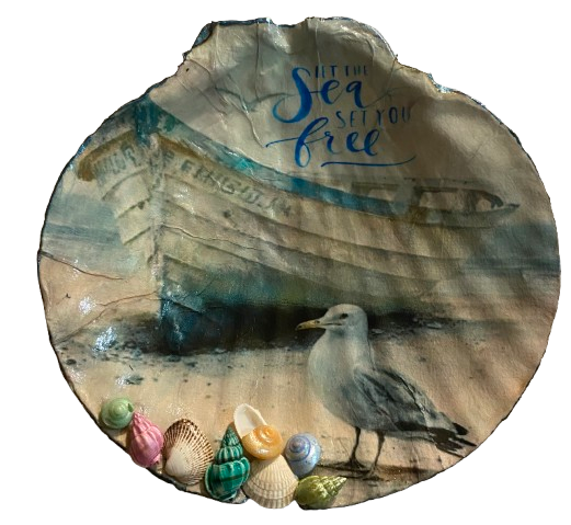 LARGE SCALLOP SEASHELL Aqua Teal LET THE SEA SET YOU FREE- BEACH COASTAL DECOR Wall Art Handmade Hand Painted DECOUPAGED Repurposed Upcycled Gift - JAMsCraftCloset