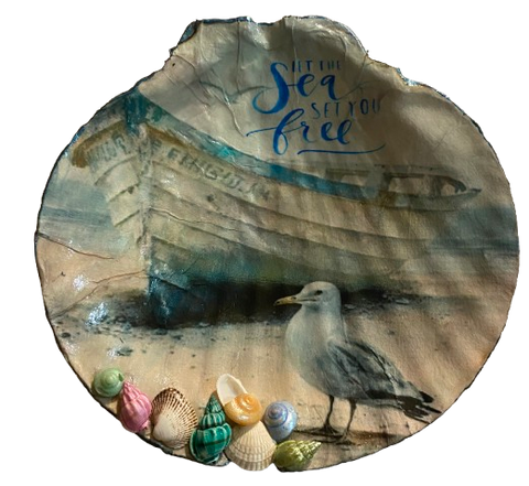LARGE SCALLOP SEASHELL Aqua Teal LET THE SEA SET YOU FREE- BEACH COASTAL DECOR Wall Art Handmade Hand Painted DECOUPAGED Repurposed Upcycled Gift - JAMsCraftCloset
