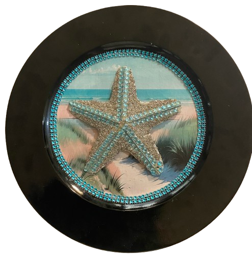 PLATE CHARGER BLACK PLASTIC ROUND DECOUPAGED Upcycled Repurposed Wall Art or Shelf Sitter BEJEWELED STARFISH Beach Coastal Home Decor Gift - JAMsCraftCloset