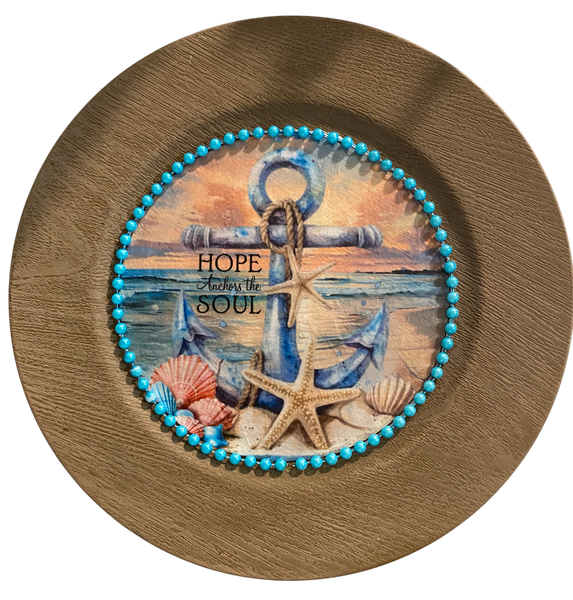PLATE CHARGER LIGHT BROWN WOOD GRAIN PLASTIC ROUND DECOUPAGED Upcycled Repurposed Wall Art or Shelf Sitter HOPE ANCHORS THE SOUL Beach Coastal Home Decor Gift - JAMsCraftCloset