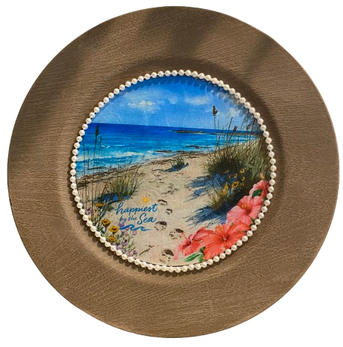 PLATE CHARGER LIGHT BROWN WOOD GRAIN PLASTIC ROUND DECOUPAGED Upcycled Repurposed Wall Art or Shelf Sitter HAPPIEST BY THE SEA Beach Coastal Home Decor Gift - JAMsCraftCloset