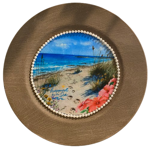 PLATE CHARGER LIGHT BROWN WOOD GRAIN PLASTIC ROUND DECOUPAGED Upcycled Repurposed Wall Art or Shelf Sitter HAPPIEST BY THE SEA Beach Coastal Home Decor Gift - JAMsCraftCloset