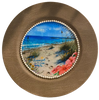 PLATE CHARGER LIGHT BROWN WOOD GRAIN PLASTIC ROUND DECOUPAGED Upcycled Repurposed Wall Art or Shelf Sitter HAPPIEST BY THE SEA Beach Coastal Home Decor Gift - JAMsCraftCloset