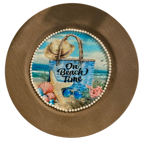 PLATE CHARGER LIGHT BROWN WOOD GRAIN PLASTIC ROUND DECOUPAGED Upcycled Repurposed Wall Art or Shelf Sitter ON BEACH TIME Beach Coastal Home Decor Gift - JAMsCraftCloset