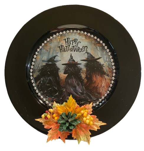 PLATE CHARGER BLACK PLASTIC ROUND DECOUPAGED Upcycled Repurposed Wall Art or Shelf Sitter THREE WITCHES Halloween Decor Home Decor Gift {{ JAMsCraftCloset }}