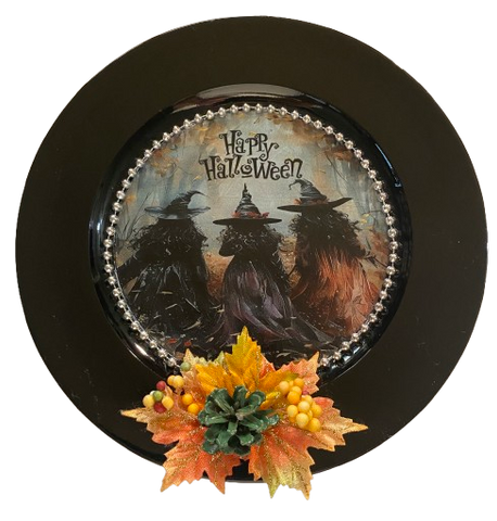 PLATE CHARGER BLACK PLASTIC ROUND DECOUPAGED Upcycled Repurposed Wall Art or Shelf Sitter THREE WITCHES Halloween Decor Home Decor Gift {{ JAMsCraftCloset }}