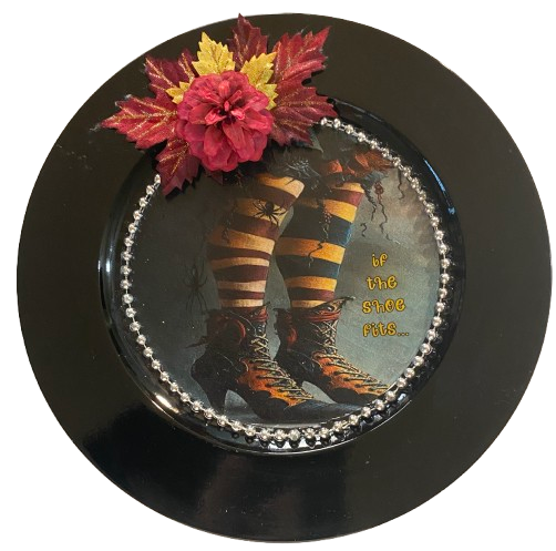 PLATE CHARGER BLACK PLASTIC ROUND DECOUPAGED Upcycled Repurposed Wall Art or Shelf Sitter WITCH'S LEGS - IF THE SHOE FITS Halloween Decor Home Decor Gift {{ JAMsCraftCloset }}