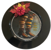 PLATE CHARGER BLACK PLASTIC ROUND DECOUPAGED Upcycled Repurposed Wall Art or Shelf Sitter WITCH'S LEGS - IF THE SHOE FITS Halloween Decor Home Decor Gift {{ JAMsCraftCloset }}
