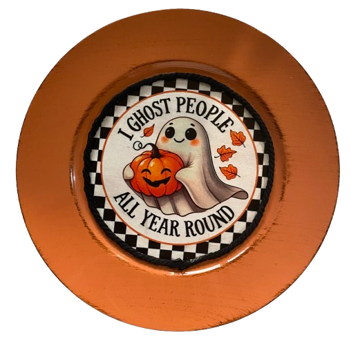 PLATE CHARGER ORANGE PLASTIC ROUND DECOUPAGED Upcycled Repurposed Wall Art or Shelf Sitter I GHOST PEOPLE ALL YEAR ROUND Halloween Decor Home Decor Gift {{ JAMsCraftCloset }}