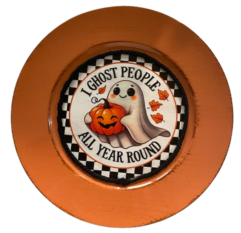 PLATE CHARGER ORANGE PLASTIC ROUND DECOUPAGED Upcycled Repurposed Wall Art or Shelf Sitter I GHOST PEOPLE ALL YEAR ROUND Halloween Decor Home Decor Gift {{ JAMsCraftCloset }}
