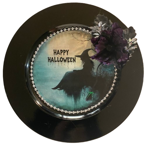 PLATE CHARGER BLACK PLASTIC ROUND DECOUPAGED Upcycled Repurposed Wall Art or Shelf Sitter WITCH ON LEDGE WITH BROOM Halloween Decor Home Decor Gift {{ JAMsCraftCloset }}