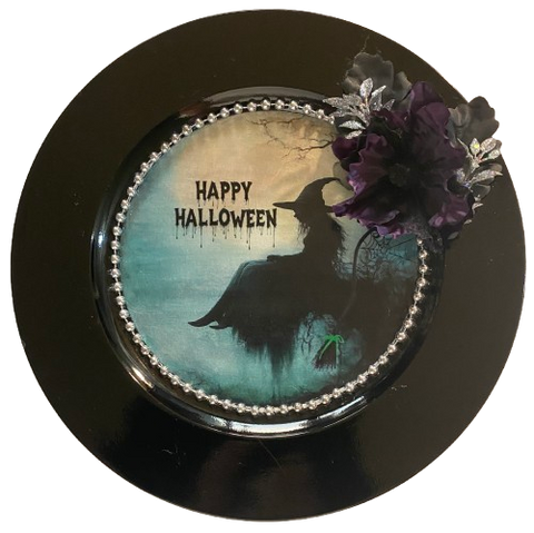 PLATE CHARGER BLACK PLASTIC ROUND DECOUPAGED Upcycled Repurposed Wall Art or Shelf Sitter WITCH ON LEDGE WITH BROOM Halloween Decor Home Decor Gift {{ JAMsCraftCloset }}
