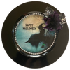 PLATE CHARGER BLACK PLASTIC ROUND DECOUPAGED Upcycled Repurposed Wall Art or Shelf Sitter WITCH ON LEDGE WITH BROOM Halloween Decor Home Decor Gift {{ JAMsCraftCloset }}