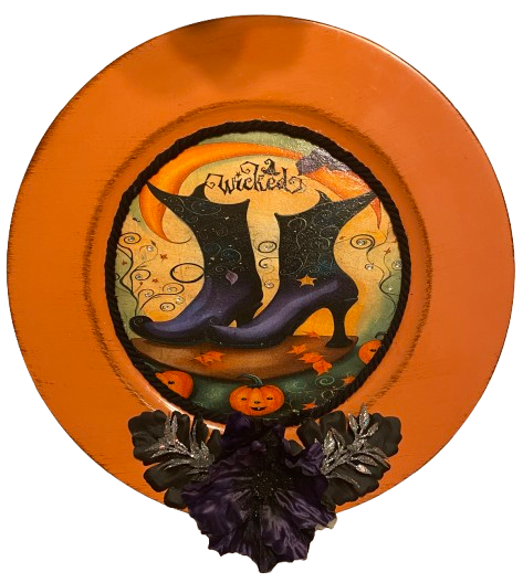 PLATE CHARGER ORANGE PLASTIC ROUND DECOUPAGED Upcycled Repurposed Wall Art or Shelf Sitter WICKED - WITCH'S BOOTS Halloween Decor Home Decor Gift {{ JAMsCraftCloset }}