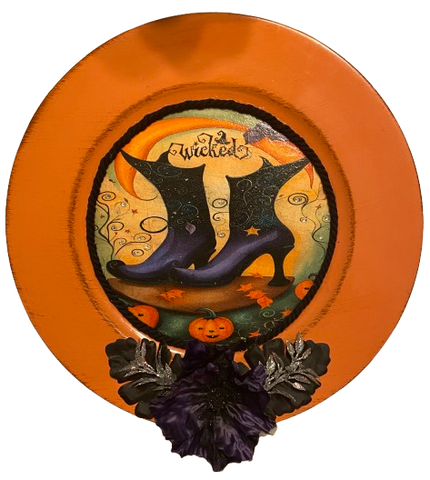 PLATE CHARGER ORANGE PLASTIC ROUND DECOUPAGED Upcycled Repurposed Wall Art or Shelf Sitter WICKED - WITCH'S BOOTS Halloween Decor Home Decor Gift {{ JAMsCraftCloset }}