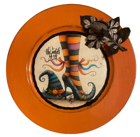 PLATE CHARGER ORANGE PLASTIC ROUND DECOUPAGED Upcycled Repurposed Wall Art or Shelf Sitter WITCH'S LEGS HAT Halloween Decor Home Decor Gift {{ JAMsCraftCloset }}