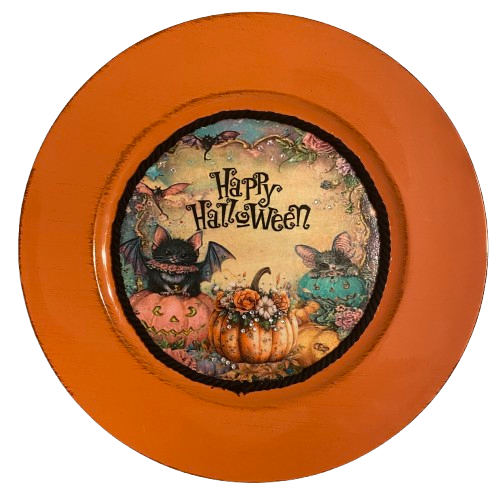 PLATE CHARGER ORANGE PLASTIC ROUND DECOUPAGED Upcycled Repurposed Wall Art or Shelf Sitter HAPPY HALLOWEEN PUMPKINS BAT MOUSE Halloween Decor Home Decor Gift {{ JAMsCraftCloset }}