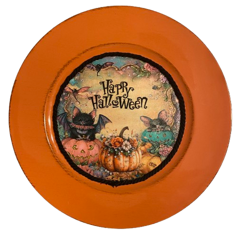 PLATE CHARGER ORANGE PLASTIC ROUND DECOUPAGED Upcycled Repurposed Wall Art or Shelf Sitter HAPPY HALLOWEEN PUMPKINS BAT MOUSE Halloween Decor Home Decor Gift {{ JAMsCraftCloset }}