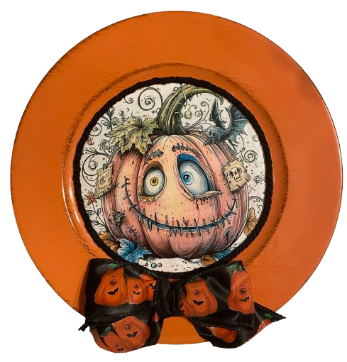 PLATE CHARGER ORANGE PLASTIC ROUND DECOUPAGED Upcycled Repurposed Wall Art or Shelf Sitter FUNKY PUMPKIN WITH BOW Halloween Decor Home Decor Gift {{ JAMsCraftCloset }}