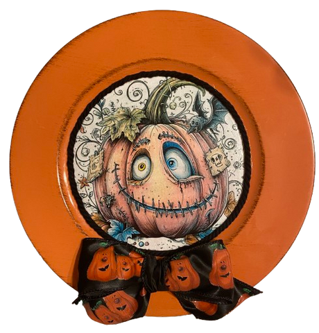 PLATE CHARGER ORANGE PLASTIC ROUND DECOUPAGED Upcycled Repurposed Wall Art or Shelf Sitter FUNKY PUMPKIN WITH BOW Halloween Decor Home Decor Gift {{ JAMsCraftCloset }}