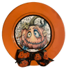 PLATE CHARGER ORANGE PLASTIC ROUND DECOUPAGED Upcycled Repurposed Wall Art or Shelf Sitter FUNKY PUMPKIN WITH BOW Halloween Decor Home Decor Gift {{ JAMsCraftCloset }}