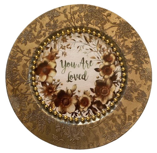 PLATE CHARGER GOLD EMBOSSED FLORAL PLASTIC ROUND DECOUPAGED Upcycled Repurposed Wall Art or Shelf Sitter YOU ARE LOVED Home Decor Wedding Gift - JAMsCraftCloset