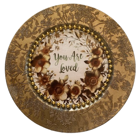PLATE CHARGER GOLD EMBOSSED FLORAL PLASTIC ROUND DECOUPAGED Upcycled Repurposed Wall Art or Shelf Sitter YOU ARE LOVED Home Decor Wedding Gift - JAMsCraftCloset