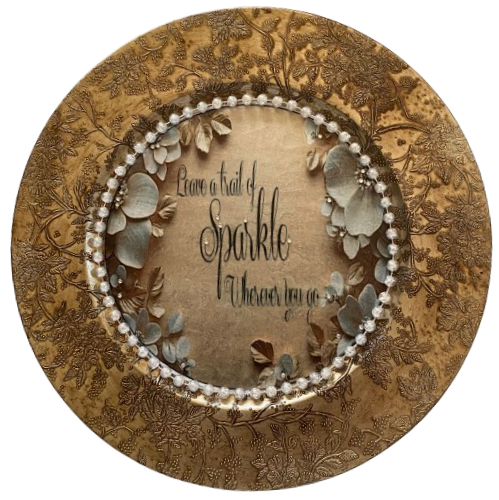 PLATE CHARGER GOLD EMBOSSED FLORAL PLASTIC ROUND DECOUPAGED Upcycled Repurposed Wall Art or Shelf Sitter LEAVE A TRAIL OF SPARKLE Home Decor Wedding Gift - JAMsCraftCloset