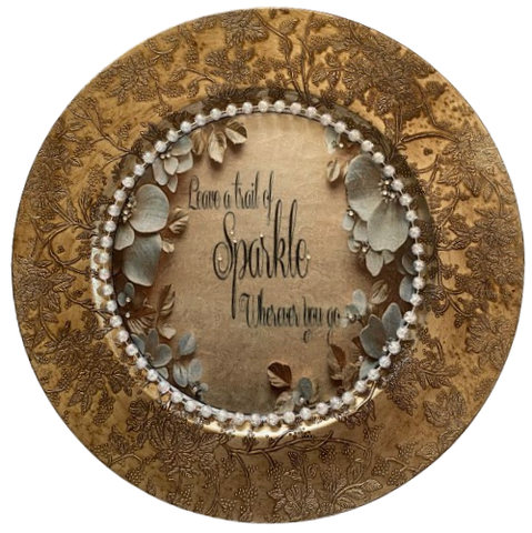 PLATE CHARGER GOLD EMBOSSED FLORAL PLASTIC ROUND DECOUPAGED Upcycled Repurposed Wall Art or Shelf Sitter LEAVE A TRAIL OF SPARKLE Home Decor Wedding Gift - JAMsCraftCloset