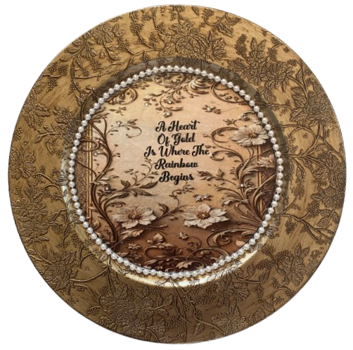 PLATE CHARGER GOLD EMBOSSED FLORAL PLASTIC ROUND DECOUPAGED Upcycled Repurposed Wall Art or Shelf Sitter A HEART OF GOLD IS WHERE THE RAINBOW BEGINS Home Decor Wedding Gift - JAMsCraftCloset