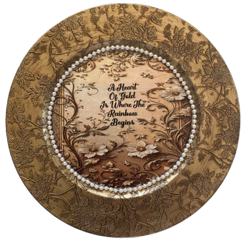 PLATE CHARGER GOLD EMBOSSED FLORAL PLASTIC ROUND DECOUPAGED Upcycled Repurposed Wall Art or Shelf Sitter A HEART OF GOLD IS WHERE THE RAINBOW BEGINS Home Decor Wedding Gift - JAMsCraftCloset