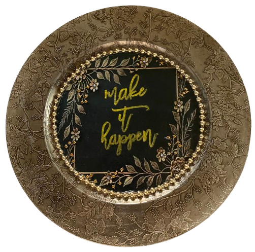 PLATE CHARGER GOLD EMBOSSED FLORAL PLASTIC ROUND DECOUPAGED Upcycled Repurposed Wall Art or Shelf Sitter MAKE IT HAPPEN Home Decor Wedding Gift - JAMsCraftCloset
