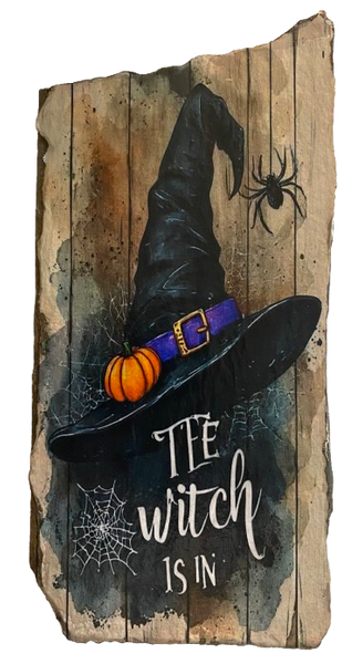 Antique West Virginia Roof Slate Decoupaged 5 The Witch Is In - Hat Spider Handmade Wall Art Unique Halloween Holiday Decoration Home Decor Gift {{ JAMsCraftCloset }}