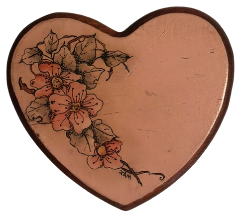 Tape Dispenser Wooden Heart Shaped Vintage Handcrafted Hand Painted Pink Floral Pen and Ink Technique