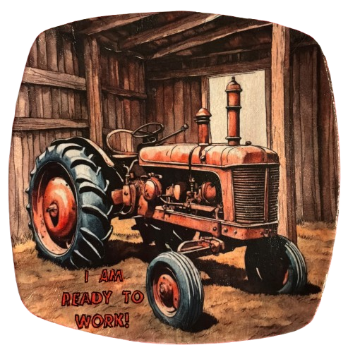 SQUARE Plastic PLATE Farmhouse Country Wall Art Shelf Sitter Decoupage ANTIQUE TRACTOR - READY FOR WORK Handmade Gift Idea Crafters Delight - JAMsCraftCloset