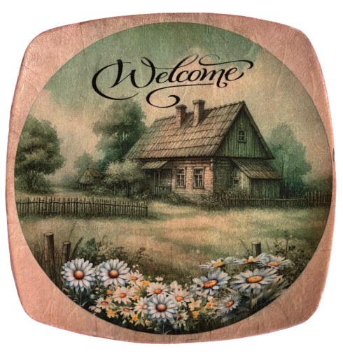 SQUARE Plastic PLATE Farmhouse Country Wall Art Shelf Sitter Decoupage FARMHOUSE DAISIES - WELCOME Handmade Gift Idea Crafters Delight - JAMsCraftCloset