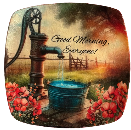 SQUARE Plastic PLATE Farmhouse Country Wall Art Shelf Sitter Decoupage ANTIQUE WATER PUMP - GOOD MORNING Handmade Gift Idea Crafters Delight - JAMsCraftCloset