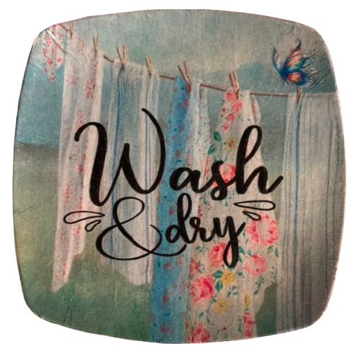 SQUARE Plastic PLATE Farmhouse Country Wall Art Shelf Sitter Decoupage LAUNDRY ON LINE - WASH AND DRY Handmade Gift Idea Crafters Delight - JAMsCraftCloset
