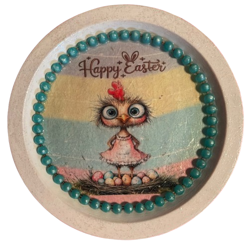 PLATE PLASTIC ROUND Decoupaged Hand Painted Upcycled Repurposed Wall Art CHICK AND EGGS - HAPPY EASTER Home Decor Spring Easter Wall Art Gift - JAMsCraftCloset
