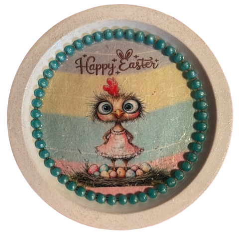 PLATE PLASTIC ROUND Decoupaged Hand Painted Upcycled Repurposed Wall Art CHICK AND EGGS - HAPPY EASTER Home Decor Spring Easter Wall Art Gift - JAMsCraftCloset