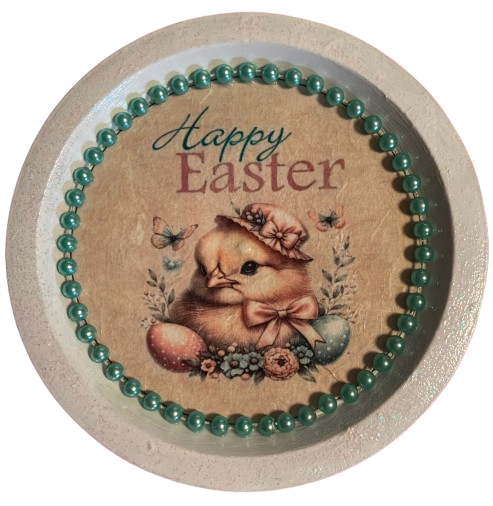 PLATE PLASTIC ROUND Decoupaged Hand Painted Upcycled Repurposed Wall Art EASTER CHICK BONNET AND EGGS - HAPPY EASTER Home Decor Spring Easter Wall Art Gift - JAMsCraftCloset