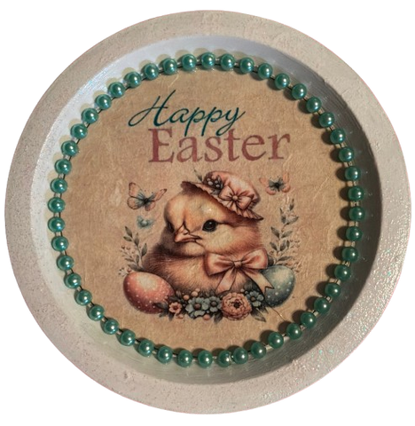 PLATE PLASTIC ROUND Decoupaged Hand Painted Upcycled Repurposed Wall Art EASTER CHICK BONNET AND EGGS - HAPPY EASTER Home Decor Spring Easter Wall Art Gift - JAMsCraftCloset