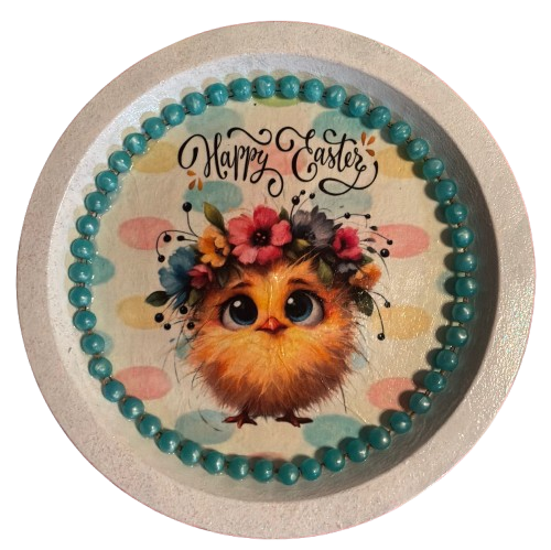 PLATE PLASTIC ROUND Decoupaged Hand Painted Upcycled Repurposed Wall Art EASTER CHICK FLOWERS IN HAIR - HAPPY EASTER Home Decor Spring Easter Wall Art Gift - JAMsCraftCloset