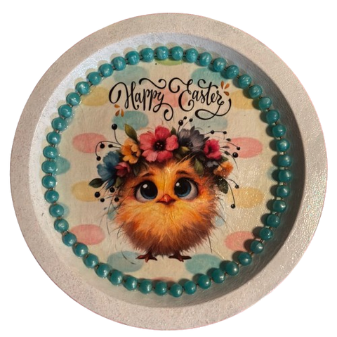 PLATE PLASTIC ROUND Decoupaged Hand Painted Upcycled Repurposed Wall Art EASTER CHICK FLOWERS IN HAIR - HAPPY EASTER Home Decor Spring Easter Wall Art Gift - JAMsCraftCloset