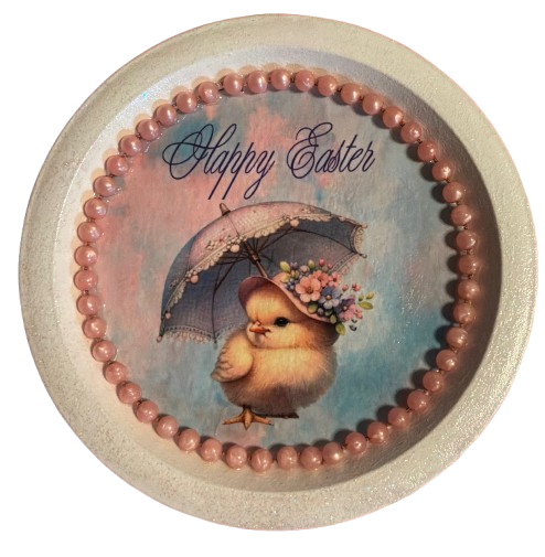 PLATE PLASTIC ROUND Decoupaged Hand Painted Upcycled Repurposed Wall Art EASTER CHICK WITH UMBRELLA - HAPPY EASTER Home Decor Spring Easter Wall Art Gift - JAMsCraftCloset