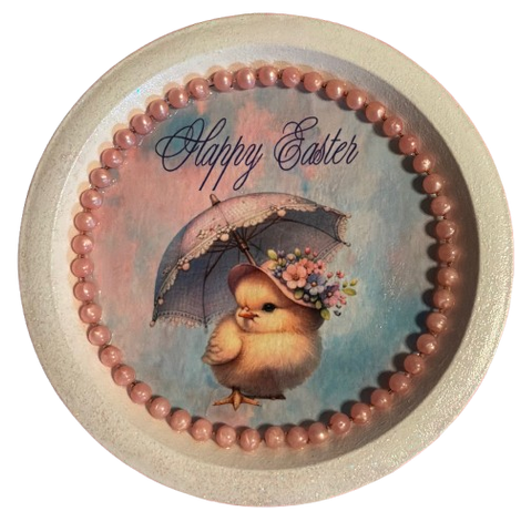 PLATE PLASTIC ROUND Decoupaged Hand Painted Upcycled Repurposed Wall Art EASTER CHICK WITH UMBRELLA - HAPPY EASTER Home Decor Spring Easter Wall Art Gift - JAMsCraftCloset
