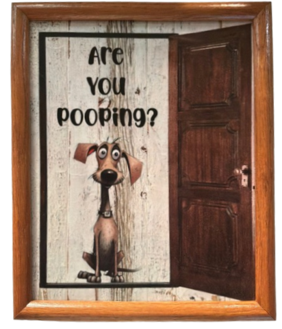 ARE YOU POOPING? 5 DOG Vintage OAK WOOD Framed Decoupaged Ceramic Tile Wall Art Gift Idea Humorous Guest Bathroom Decor - JAMsCraftCloset