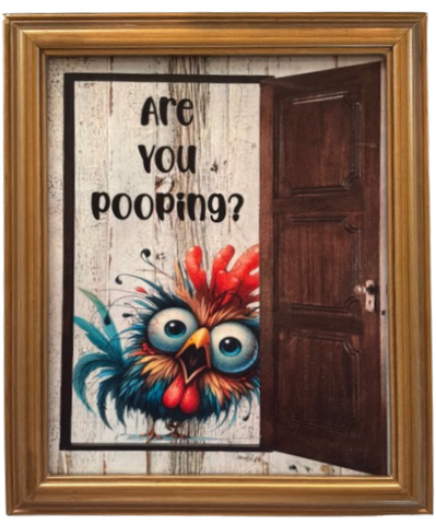 ARE YOU POOPING? 6 BLUE CHICK Vintage GOLD WOOD Framed Decoupaged Ceramic Tile Wall Art Gift Idea Humorous Guest Bathroom Decor - JAMsCraftCloset