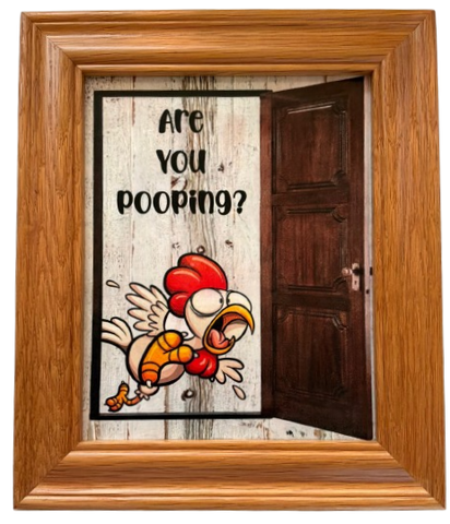 ARE YOU POOPING? 8 RUNNING ROOSTER Vintage OAK WOOD Framed Decoupaged Ceramic Tile Wall Art Gift Idea Humorous Guest Bathroom Decor - JAMsCraftCloset